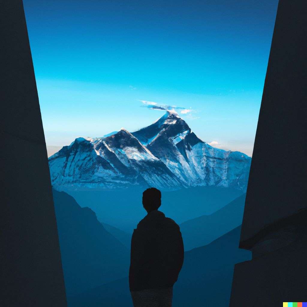 someone gazing at Mount Everest in a futurescape